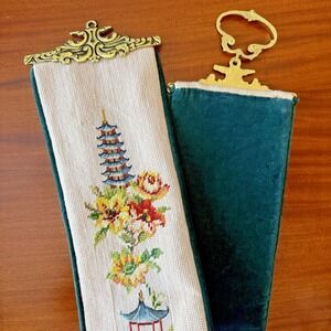 Vintage Handmade Needlepoint Bell Pull 51" Brass Hardware Pagoda Cherry Blossoms